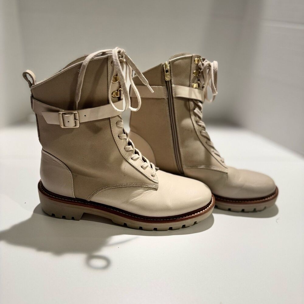 Michael Kors Women's Cream Canvas Leather Lace Up Side Zip Combat Boots 11M